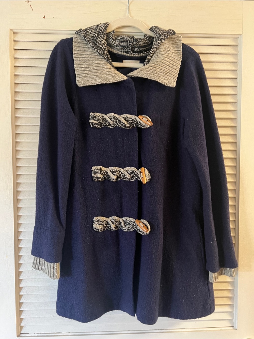 Anthropologie Navy Wool Toggle Pea Coat with Cream Knit Trim